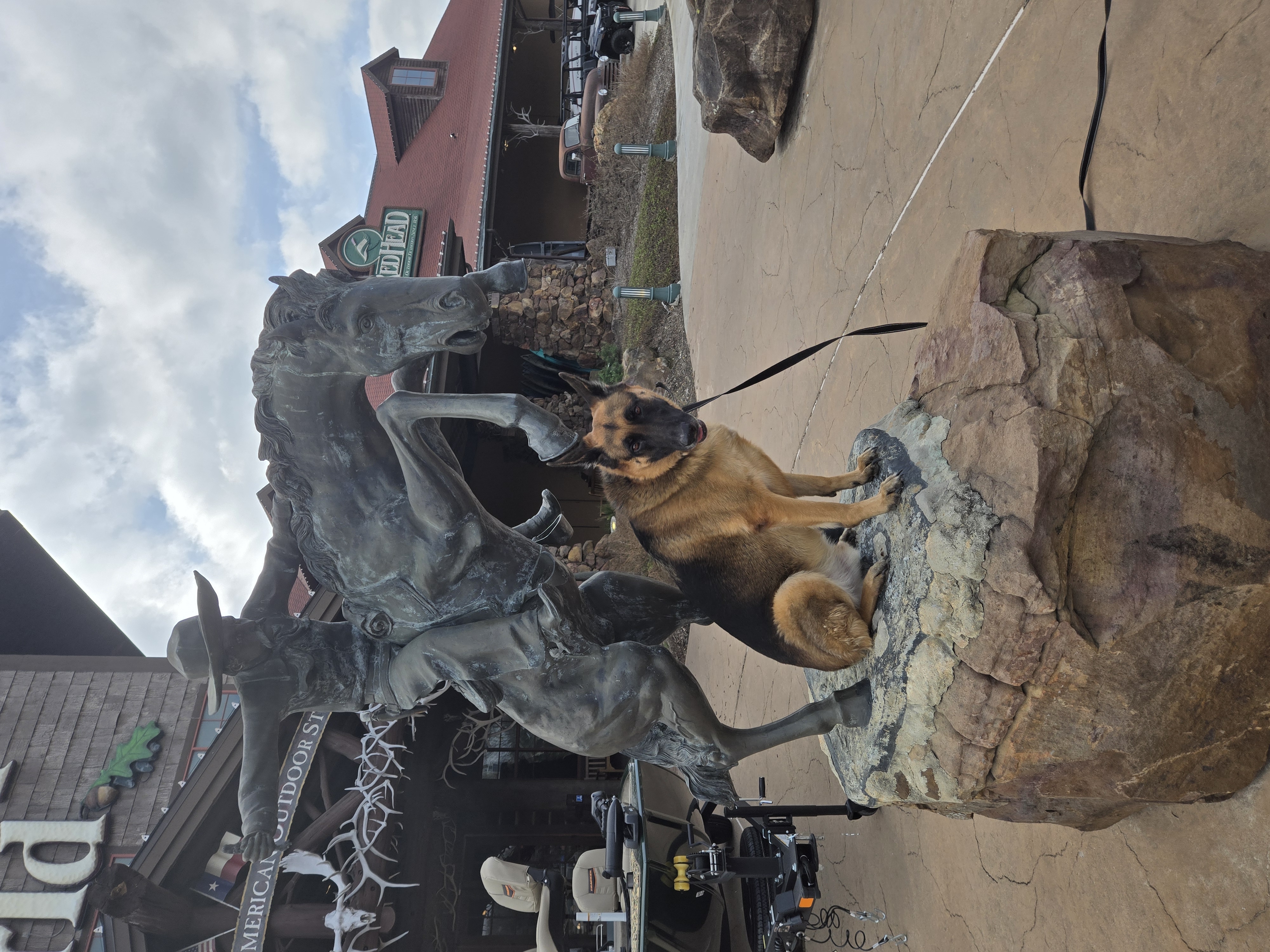 dog sitting next to statue